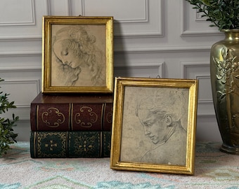 Vintage Italian Florentine Leonardo da Vinci Miniature Prints, Pair of Framed Renaissance Sketches, Made in Italy Art