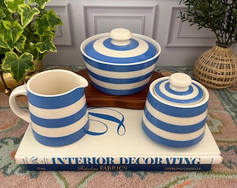 Vintage T G Green Cornishware Creamer Sugar Bowl Butter Dish Blue White England