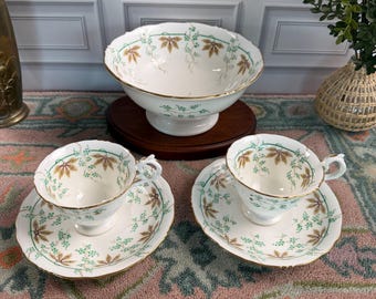 Antique Porcelain Tea Set, Hand Painted Green Floral & Gold Detail, 2 Cups 2 Saucers Pedestal Bowl, European Tea Service