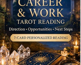 May include: A dark blue tarot deck with gold sun imagery sits beside a brass compass and lit candles. Text reads: CAREER & WORK TAROT READING, Direction • Opportunities • Next Steps, 7-CARD PERSONALIZED READING, and GOLDEN KEY TAROT.