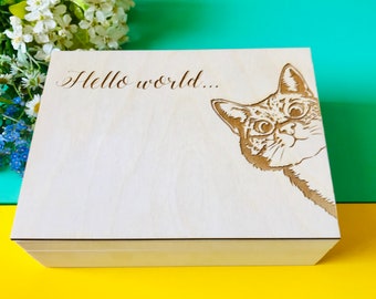 Personalised Keepsake box with Cat - Custom made keepsake gift - Memory box - Wooden Keepsake for Cat