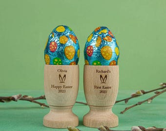 Personalised Wooden Egg Cup Holder, Engraved with a Name (Hen Design or Bunny). Hard or Soft Boiled Eggs, Ideal Gift for Birthday, Easter