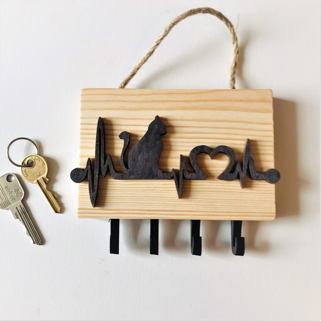 Heart Beat Key Rack With Cat, Home Decor, Wall Decor, Hooks, Key Hanger ...
