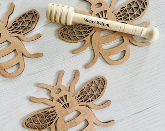 Bee Coasters And Personalised Honey Dipper Gift Set, Engraved Honey dipper, Gift for honey lovers