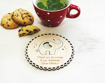 Christening Personalised Coaster With Elephant - Wooden Coasters - Custom Coasters - Tea Lover - Initial Coasters - Engraved Wooden Gift