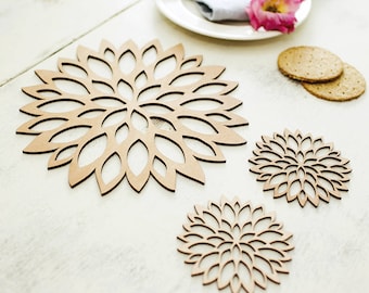 Blossom Placemats And Coasters Set, Kitchen utensils gift, Wooden utensils, Wooden gift, Wooden Place Mats, Kitchen tools