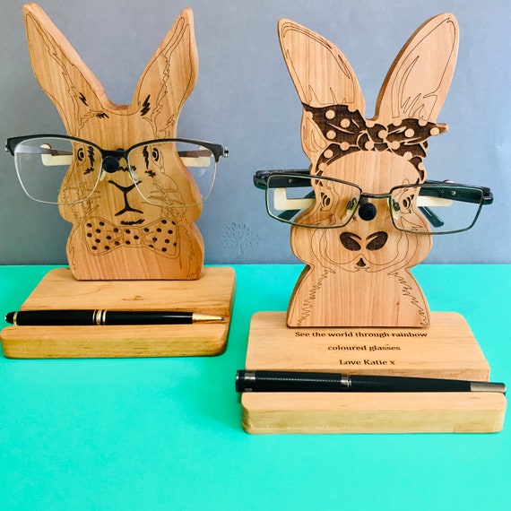 Wood-shaped animal eyeglass holders can be customized to store