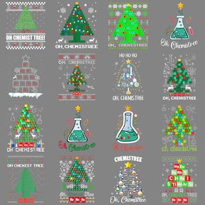 May include: A selection of Christmas-themed designs with a science theme. The images feature Christmas trees, beakers, and scientific elements. Text includes "Oh Chemistree" and "Oh Chemist Tree!" in various designs, with a festive colour palette.