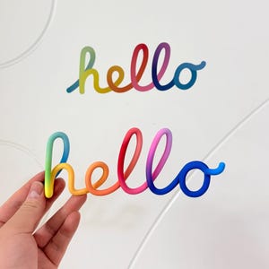 以下が含まれることがあります： 丸みを帯びたチューブ状の筆記体フォントで書かれた「hello」という単語が2つ。テキストは緑、黄、オレンジ、赤、ピンク、紫、青といった鮮やかなグラデーションカラーで構成されており、虹のような効果を生み出しています。