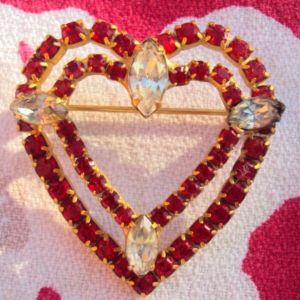 Vintage Double Heart Brooch - Pin With Red Rhinestones for Valentines Day