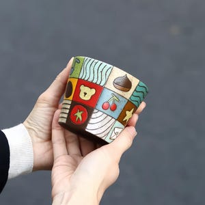 Handmade Ceramic Cup Kawaii Patchwork Mug Cute Bear Tea Cup Japanese Style Yunomi Colorful Grid Coffee Tumbler Cottagecore Pottery Gift