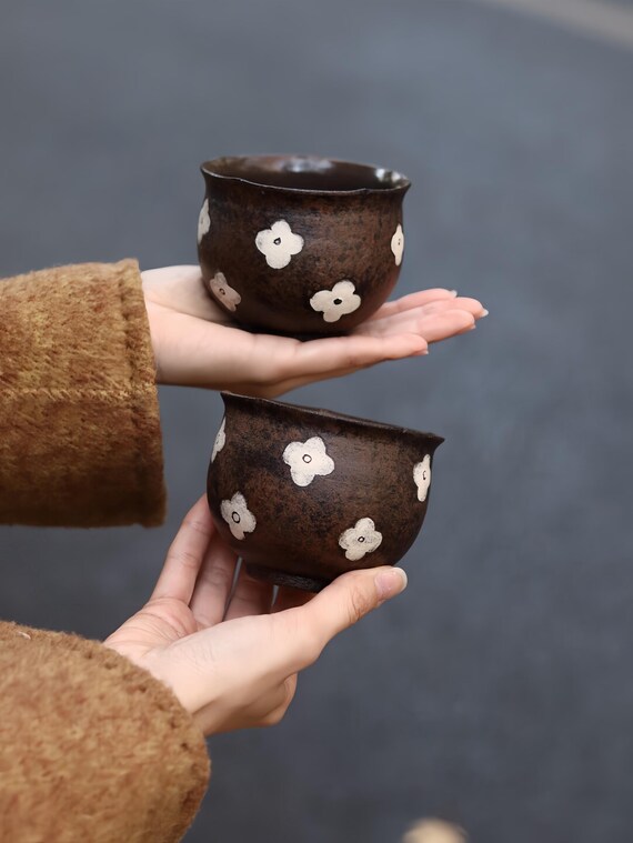 Handmade Ceramic Tea Cup Wabi Sabi Pottery Mug Floral Coffee Cup Cute Aesthetic Stoneware Matcha Bowl Housewarming Gift Minimalist Espresso