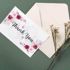 Mariage floral de Bourgogne, carte de remerciement 3x5, anniversaires, événements spéciaux, merci pour votre achat, téléchargement numérique, fichier PDF imprimable