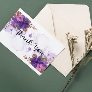 紫の花柄ウェディング、3x5サンキューカード、誕生日、特別なイベント、ご購入ありがとうございます、デジタルダウンロード、印刷可能なPDFファイル