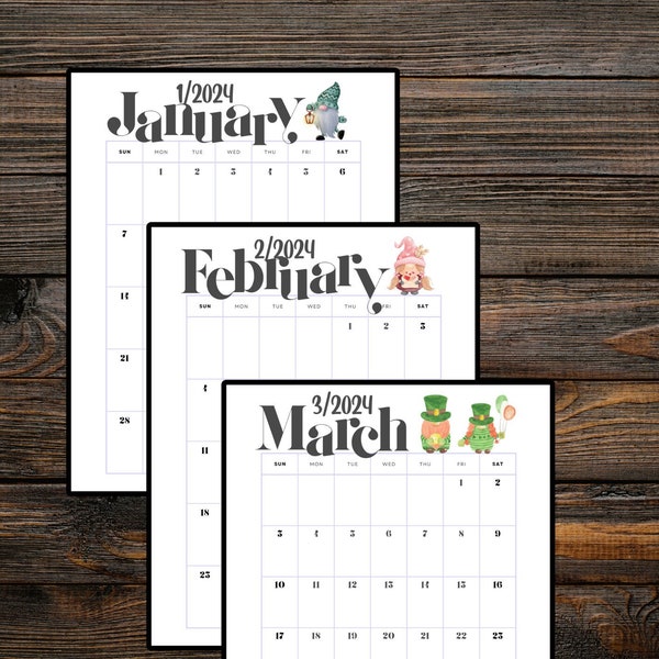 2024 Gnome Calendar, Gonk Calendar, Digital File, Printable PDF