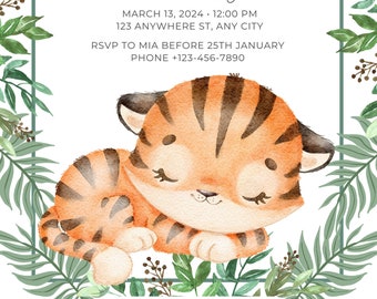 Editable Baby Gender Neutral Tiger Invitation Suite Templates, Invites, Diaper Raffle, Books for Baby, and Thank You Cards, Digital Download