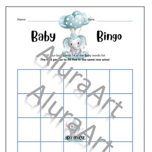 Baby Boy Elephant Blank Bingo Card, Digital Download, Printable PDF, Baby Shower Activity