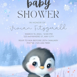 Plantillas editables de suite de invitación de Baby Penguin de género neutro, rifa de pañales, libros para bebés y tarjetas de agradecimiento, descarga digital