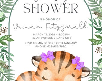 May include: Baby shower invitation with a watercolour illustration of a sleeping tiger cub adorned with purple bows. The invitation includes the text "Please join us for a baby shower" and event details.