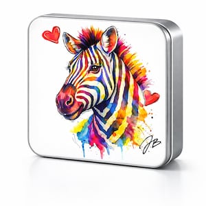 Bunte Zebra-Metalldose, Zebra-Aquarellmotiv, Geschenk für Tierliebhaber, Dekorative Aufbewahrungsbox