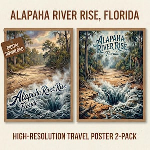 May include: Two framed travel posters with the text "ALAPAHA RIVER RISE, FLORIDA". The posters depict a river scene with a swirling water feature. One poster has a "DIGITAL DOWNLOAD" tag. The bottom text reads "HIGH-RESOLUTION TRAVEL POSTER 2-PACK".