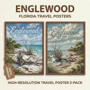 Puede incluir: Dos carteles de viaje enmarcados con el texto "Englewood Florida" en un estilo vintage. Los carteles representan una escena de playa con madera flotante, agua turquesa y un cielo nublado. Los carteles están etiquetados como "Descarga digital" y "Paquete de 2 pósteres de viaje de alta resolución."