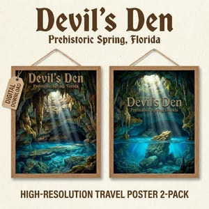 Puede incluir: Dos carteles de viaje enmarcados que representan Devil's Den en Florida. La obra de arte representa una cueva submarina con luz solar que atraviesa el agua. Los carteles están etiquetados como "Devil's Den, Prehistoric Spring, Florida."