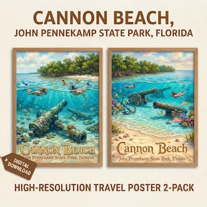 Op de afbeelding: Twee ingelijste reisposters met Cannon Beach, John Pennekamp State Park, Florida. De kunstwerken tonen onderwater scènes met kanonnen, snorkelaars en zeeleven. De posters zijn voorzien van het label "Cannon Beach" en zijn een digitale download.