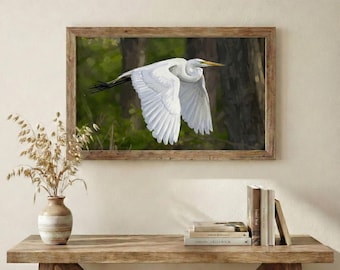 White Egret Flight Art Print | Majestic Heron Illustration, Matte Poster