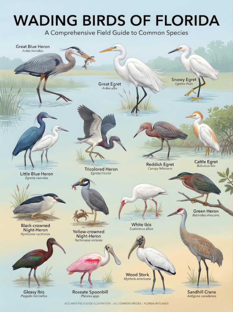 Florida Wading Birds Field Guide Poster, Wetland Art (digital Download ...