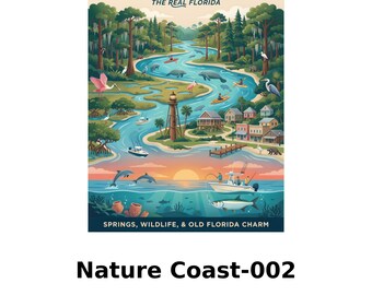 Florida's Nature Coast Travel Poster - Springs & Wildlife Wall Art - Old Florida Illustration -- Digital Download