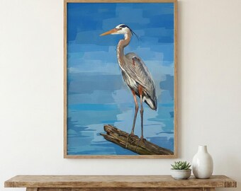 Blauwe reiger kunstafdruk | Illustratie kustmoeras