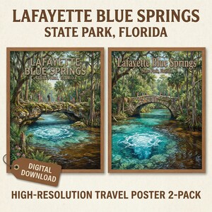 May include: Two framed travel posters of Lafayette Blue Springs State Park, Florida. The posters depict a stone bridge over a clear, turquoise river surrounded by lush trees. The text "LAFAYETTE BLUE SPRINGS STATE PARK, FLORIDA" is at the top. A digital download tag is on the left poster.