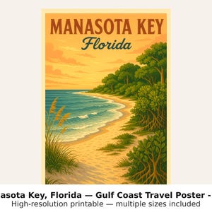 Puede incluir: Un póster de viaje de estilo vintage para Manasota Key, Florida. La obra de arte representa una escena de playa con una orilla arenosa, agua turquesa y exuberantes árboles verdes bajo un cielo de atardecer. El texto incluye "MANASOTA KEY Florida".