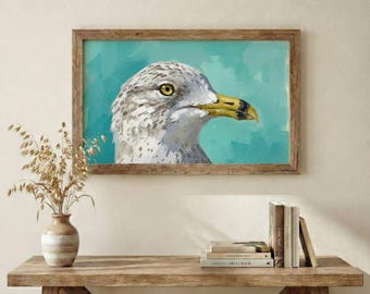 Seagull Portrait Art Print | Ring-billed Gull Beach House Wall Decor | Unframed Print