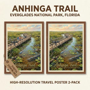 Peut inclure: Deux affiches encadrées du sentier Anhinga dans le parc national des Everglades, en Floride. L'œuvre représente une passerelle en bois au-dessus d'une voie navigable avec la faune et une végétation luxuriante. Les affiches sont étiquetées "Téléchargement numérique".