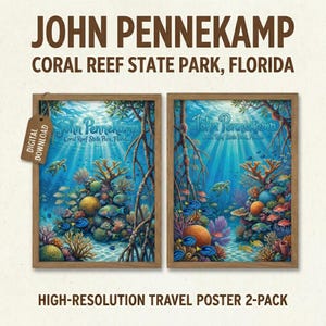 Op de afbeelding: Twee ingelijste reisposters met een onderwaterlandschap met koraalriffen, vissen en zeeschildpadden. De posters zijn gelabeld met "John Pennekamp Coral Reef State Park, Florida". Digitale download.