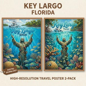 Op de afbeelding: Twee ingelijste reisposters met een onderwaterlandschap met een standbeeld, vissen en koraalriffen. De tekst "Key Largo Florida" staat boven de scène. De posters zijn gelabeld met "Digitale download" en "Hoge resolutie reisposter 2-pack".