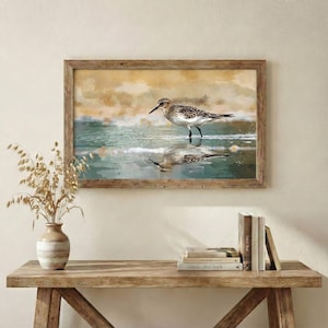 Lámina artística de zarapito occidental / Ave playera con reflejo / Decoración de pared costera estilo acuarela / Póster mate con calidad de museo / Fauna playera