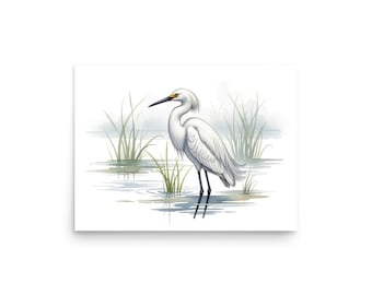 Snowy Egret Watercolor Print, Egretta thula Wading Bird Art, Museum-Quality Matte Poster