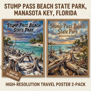 Puede incluir: Dos carteles de viaje enmarcados de Stump Pass Beach State Park en Florida. La obra de arte representa una escena de playa con madera flotante, agua turquesa y una puesta de sol. El texto "Stump Pass Beach State Park, Manasota Key, Florida" se muestra en la parte superior.