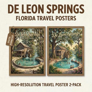 May include: Two framed travel posters of De Leon Springs State Park, Florida. Each poster depicts a historic mill building, a natural spring pool with people swimming, and lush Florida foliage. The posters are labeled "De Leon Springs" and "State Park, Florida."