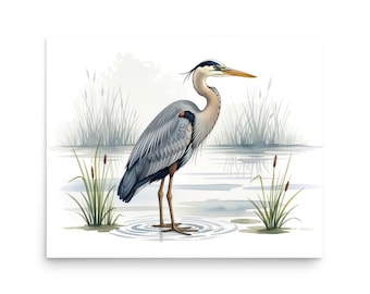 Blauwe reiger aquarel kunstprint, woondecoratie kust