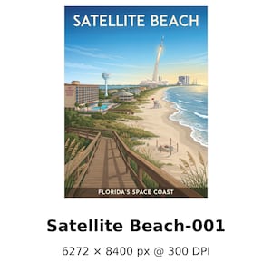Può includere: Un colorato poster di viaggio per Satellite Beach, in Florida, con una passerella di legno che conduce a una spiaggia sabbiosa. La scena comprende un hotel, un serbatoio d'acqua e un razzo che si lancia nel cielo blu. Il testo recita "Satellite Beach" e "Florida's Space Coast."