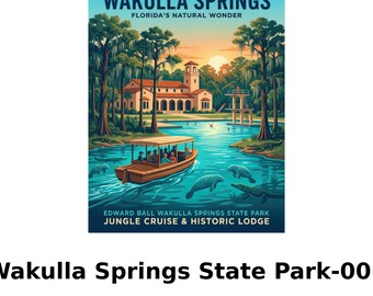 May include: A colorful travel poster for Wakulla Springs, Florida, featuring a boat tour on the water with manatees and alligators. The poster includes the text "Explore Wakulla Springs, Florida's Natural Wonder."