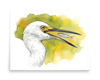 Snowy Egret Watercolor Art Print | Coastal Bird Illustration
