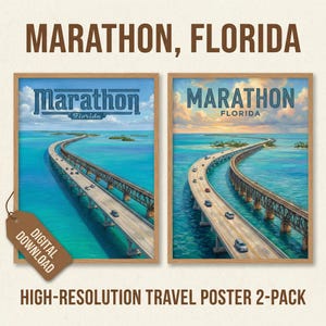 May include: Two framed travel posters of Marathon, Florida, featuring a bridge over turquoise water with cars. The posters have a vintage style with the text "MARATHON, FLORIDA" at the top. A tag reads "DIGITAL DOWNLOAD".