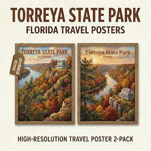 May include: Two framed travel posters of Torrey State Park, Florida. The posters depict a river winding through a colourful autumn forest, with a house on a cliff. The text "TORREYA STATE PARK" and "FLORIDA TRAVEL POSTERS" are displayed at the top.