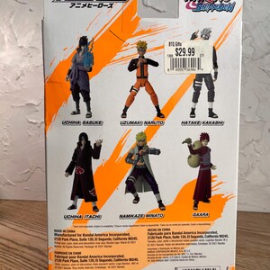 May include: Back of a Naruto Shippuden Anime Heroes action figure package. The package features images of Uchiha Sasuke, Uzumaki Naruto, Hatake Kakashi, Uchiha Itachi, Namikaze Minato, and Gaara.