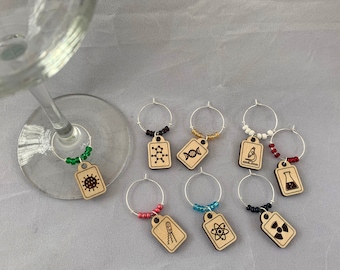 Science-themed wine glass charms